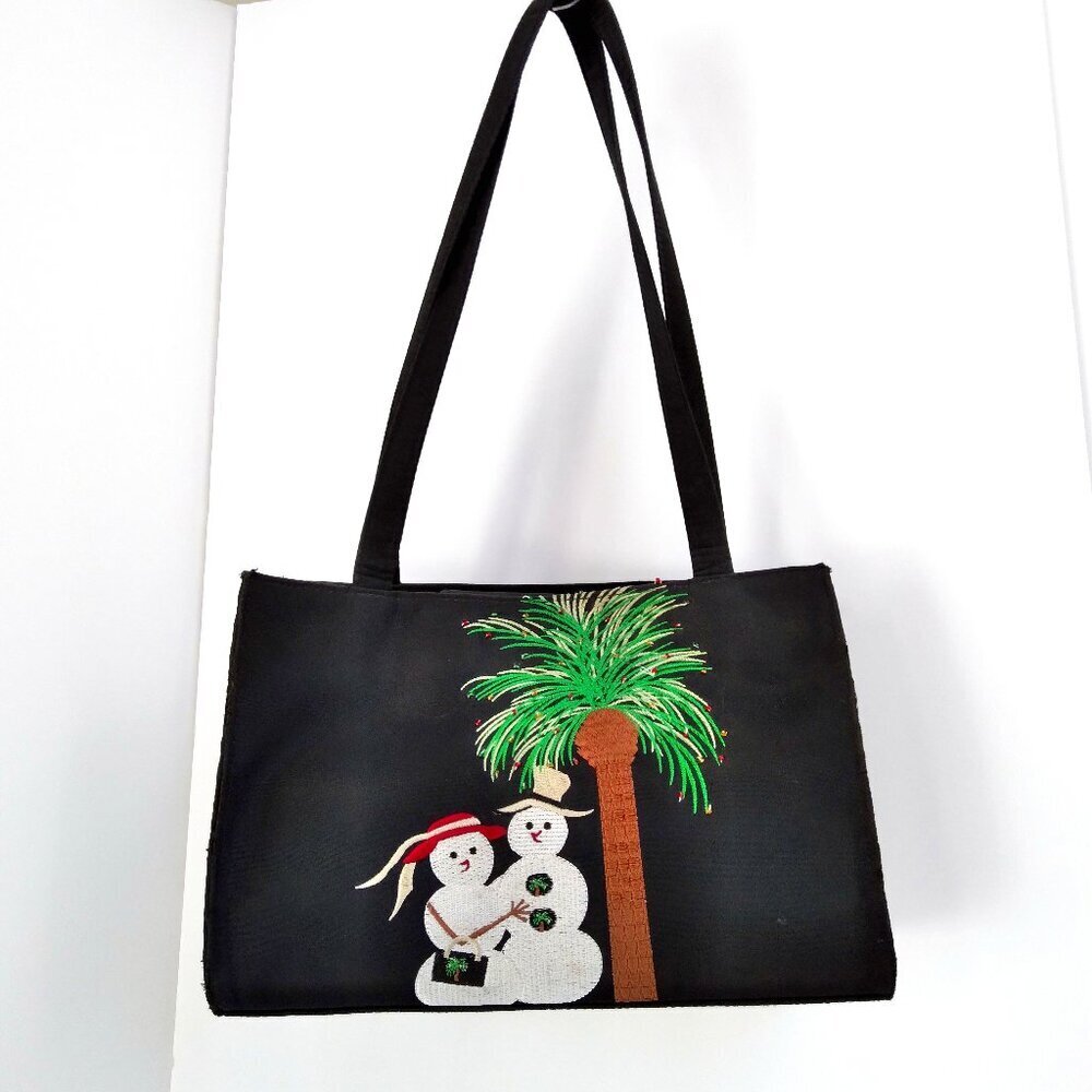 Vintage Holiday Embroidered Snow Couple Under Beaded Palm Tree Shoulder Bag